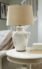 Emelda Cream Table Lamp, front view showing round crackle ceramic base