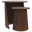 Yency 2-piece round mango wood nesting tables in dark brown, angled side view