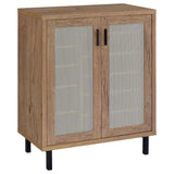 Teller 2-door shoe storage cabinet in natural oak, front view showing metal cane-style mesh doors
