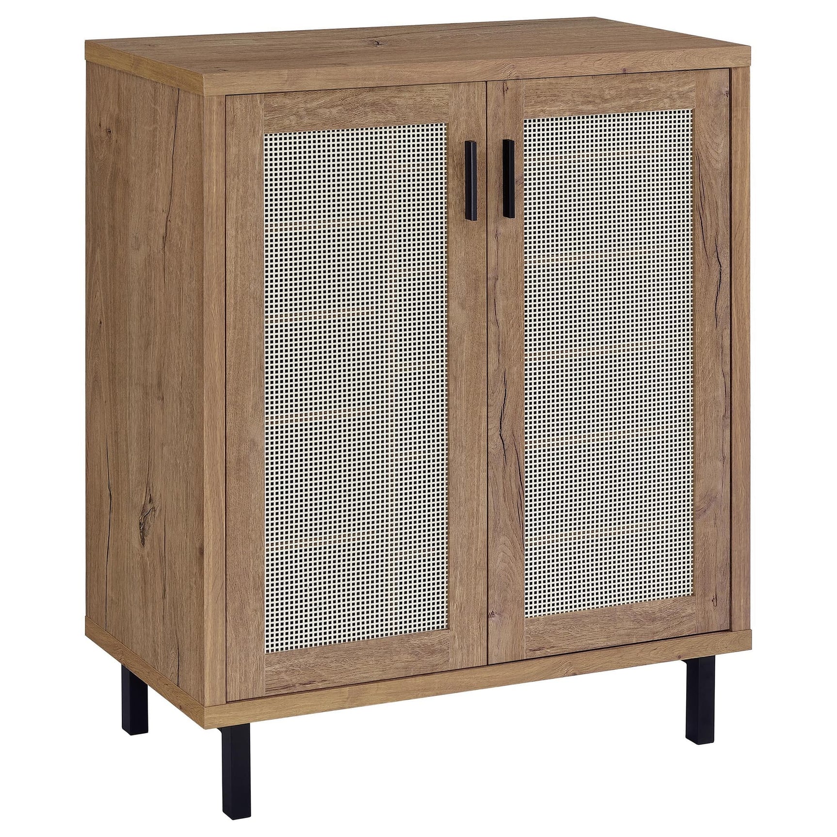 Teller 2-door shoe storage cabinet in natural oak, front view showing metal cane-style mesh doors