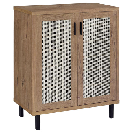 Teller 2-door shoe storage cabinet in natural oak, front view showing metal cane-style mesh doors