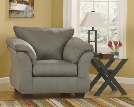 Darcy Cobblestone Microfiber Chair front view showcasing light upholstery and flared arms