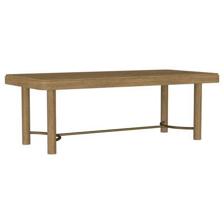 Arini 104-inch Extension Leaf Dining Table Sand Wash, front angle showing trestle base