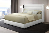 Hero white upholstered platform queen bed front view with Bluetooth speakers