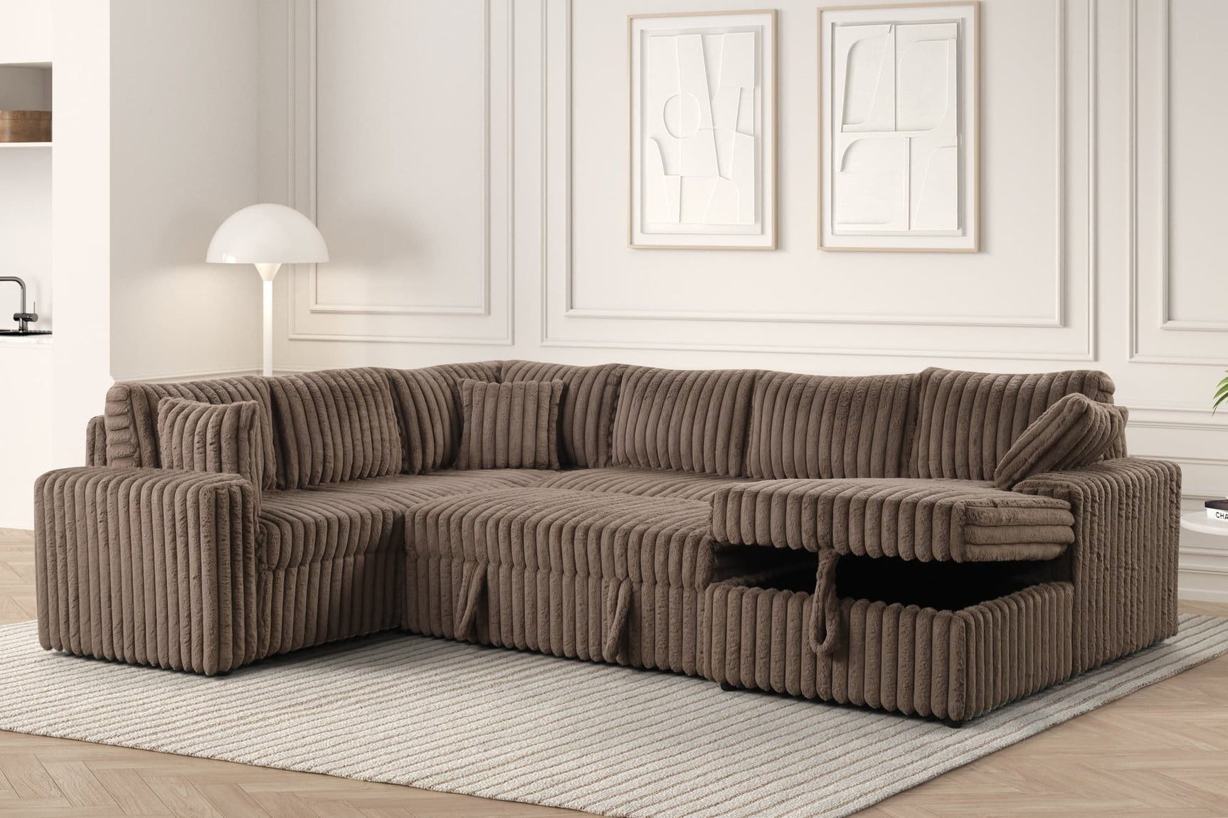 Front view of Forever mocha fabric sectional sofa with pull-out bed