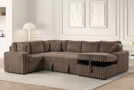 Front view of Forever mocha fabric sectional sofa with pull-out bed