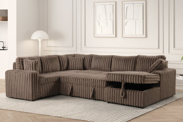 Front view of Forever mocha fabric sectional sofa with pull-out bed