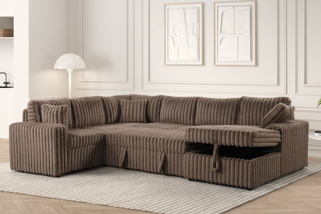 Front view of Forever mocha fabric sectional sofa with pull-out bed