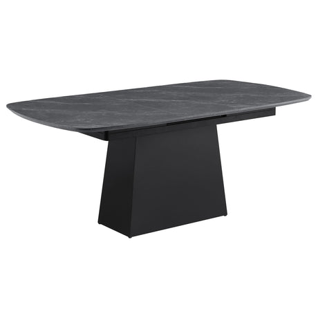 Potero 73-inch black faux marble extension leaf dining table, top view