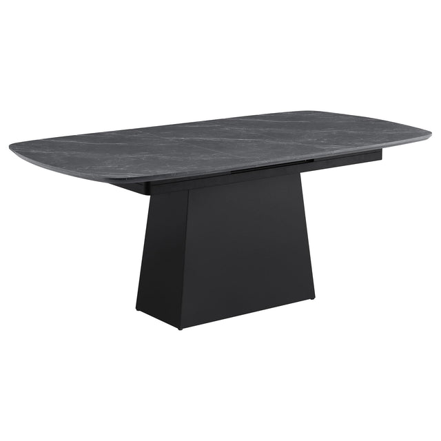Potero 73-inch black faux marble extension leaf dining table, top view
