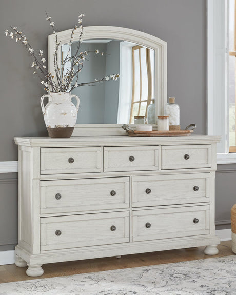 Front view of Robbinsdale Antique White Dresser and Mirror in antique white finish