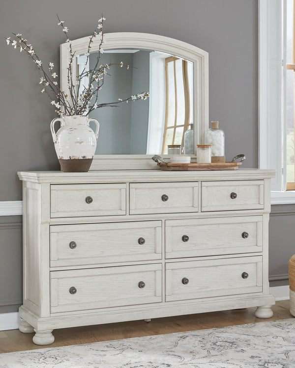 Front view of Robbinsdale Antique White Dresser and Mirror in antique white finish