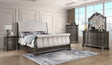Sheffield Gray Upholstered Sleigh Bedroom Set main view with bed, dresser, mirror, and nightstand