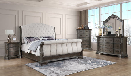 Sheffield Gray Upholstered Sleigh Bedroom Set main view with bed, dresser, mirror, and nightstand