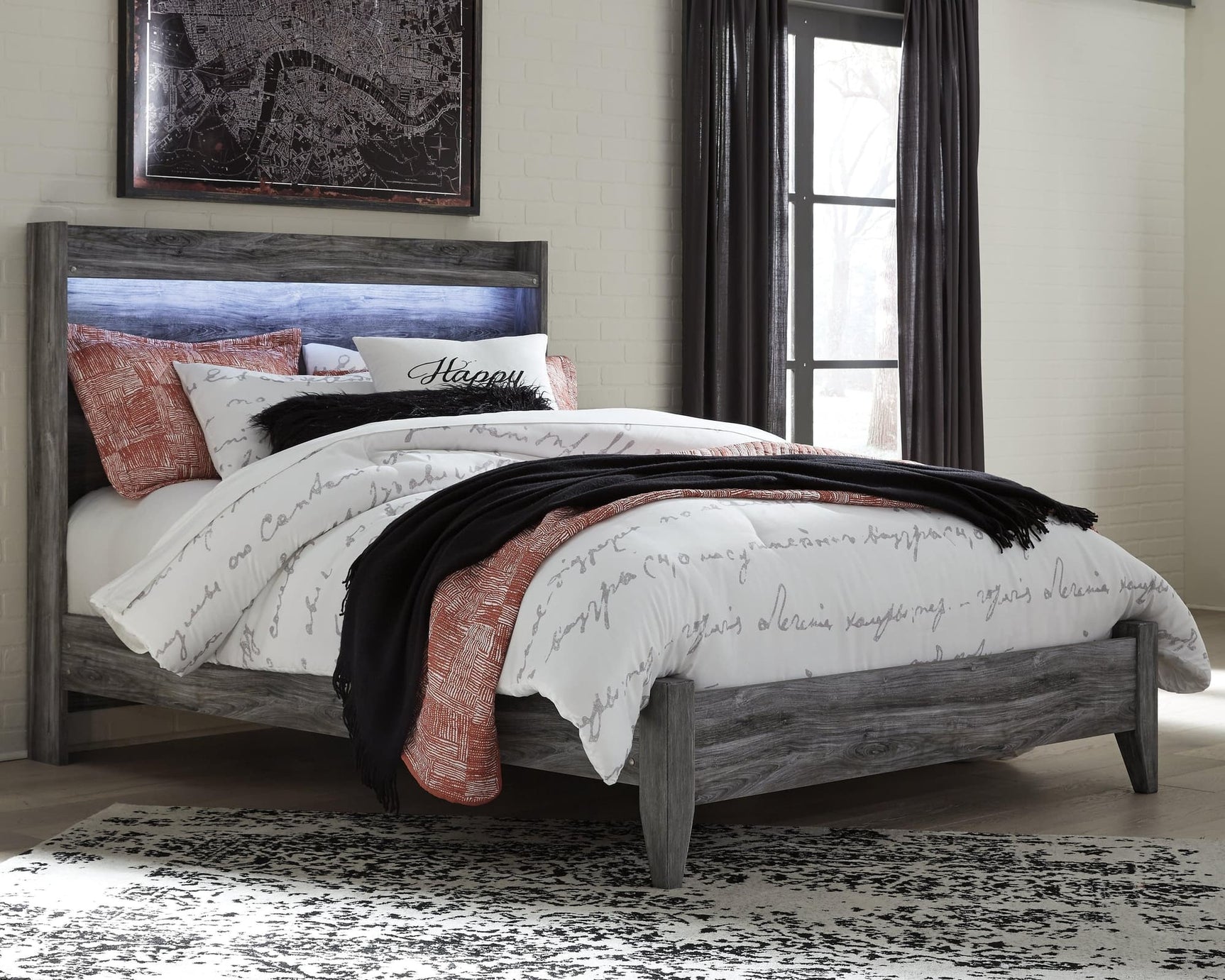 Baystorm Gray Queen Panel Bed front angled view showing headboard and footboard