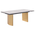 Vesa 97-inch beige glass top dining table with gold stainless steel base, front view