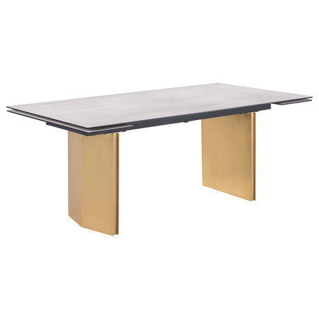 Vesa 97-inch beige glass top dining table with gold stainless steel base, front view
