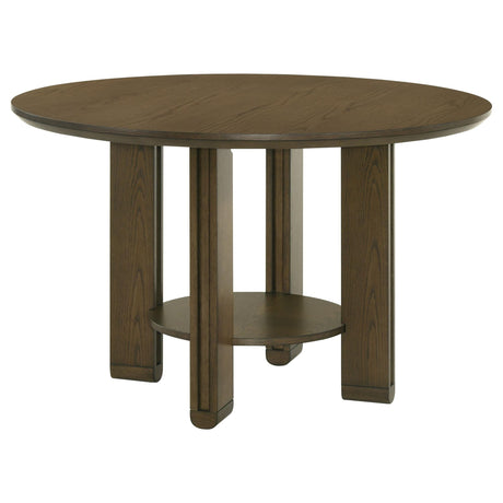 Ottowa 47-inch round wood dining table with brown oak veneer, angled front view