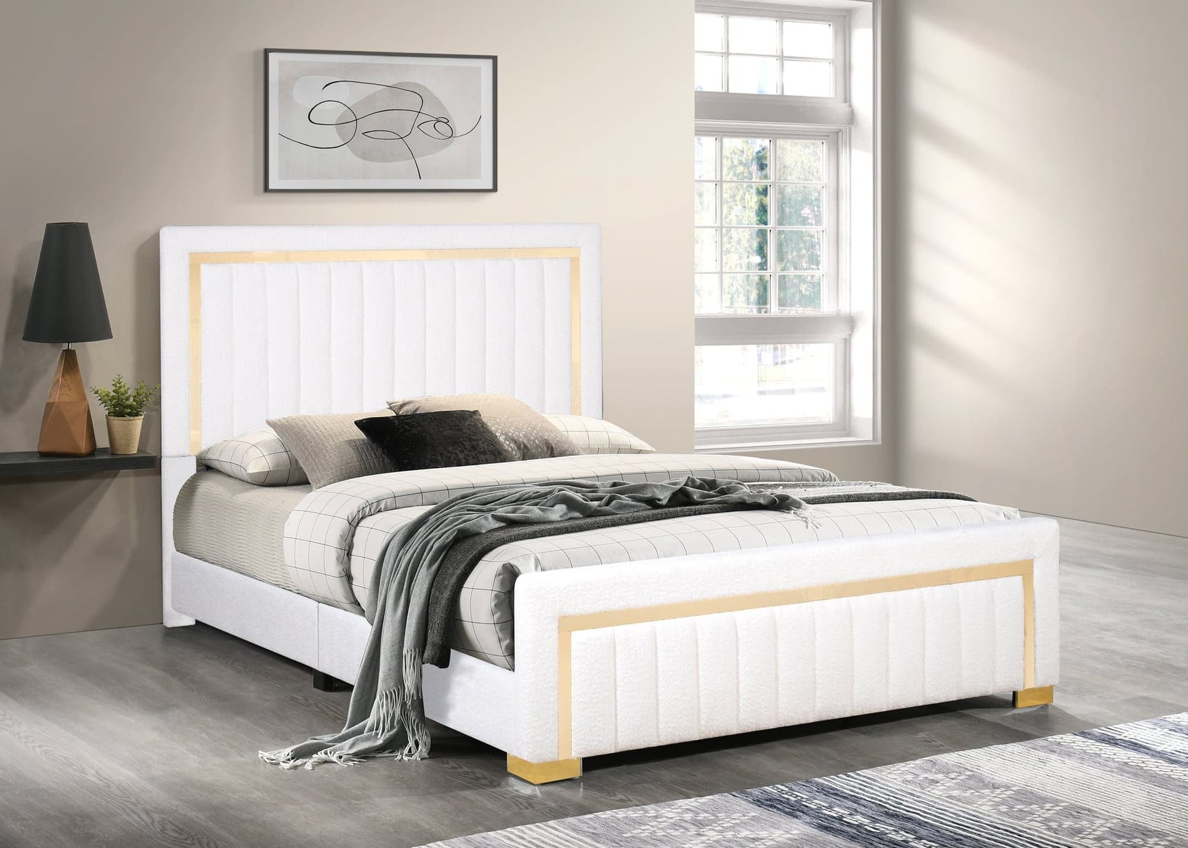 Heindal off white boucle upholstered king panel bed front view