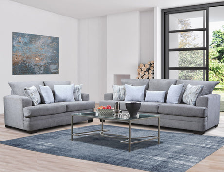Lion Gray 2-Piece Living Room Set sofa and loveseat front view in Hallmark Stone polyester chenille