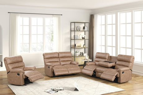 Albert Light Brown 3-Piece Reclining Sofa Set, angled front view