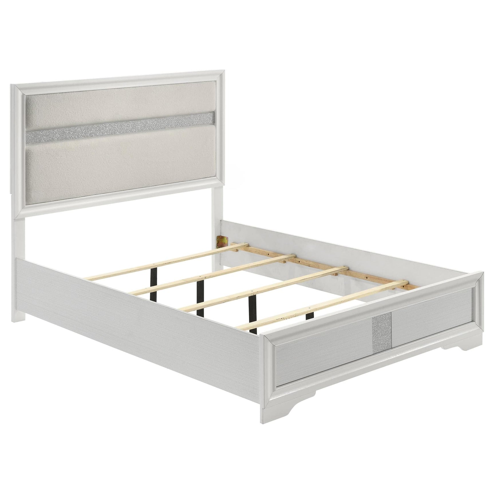 Miranda 54-inch upholstered full panel bed in white, front view with glowing stripe