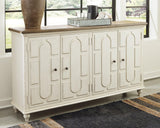 Roranville Antique White Accent Cabinet front angle showing raised panel doors