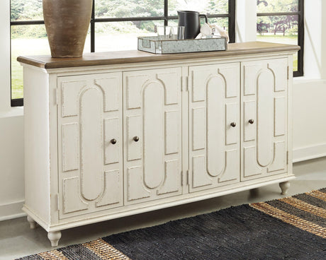 Roranville Antique White Accent Cabinet front angle showing raised panel doors