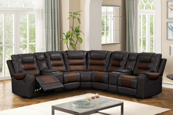 Jordon Brown reclining sectional sofa brown two-tone front angle
