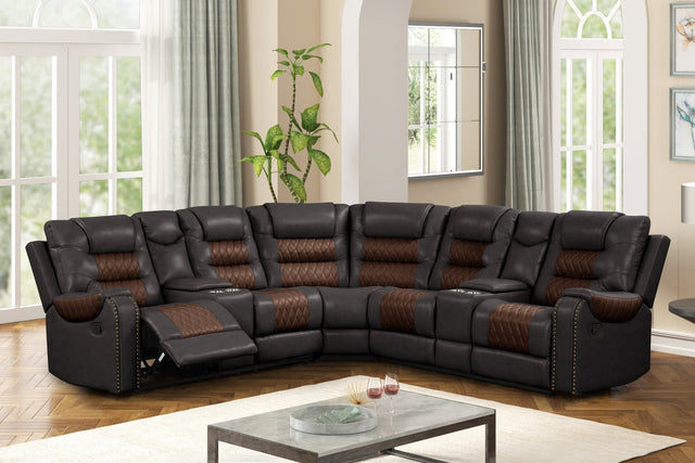 Jordon Brown reclining sectional sofa brown two-tone front angle