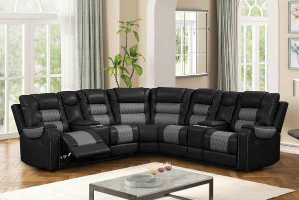 Jordon Black Two-Tone Leather Reclining Sectional Sofa front view