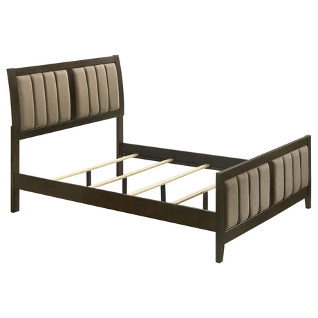 Wilkes 51-inch upholstered full panel bed in dark cocoa, angled front view