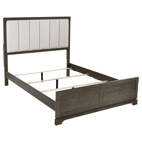 Gran Park 59-inch Queen Panel Bed Dark Cocoa front view with beige upholstered headboard