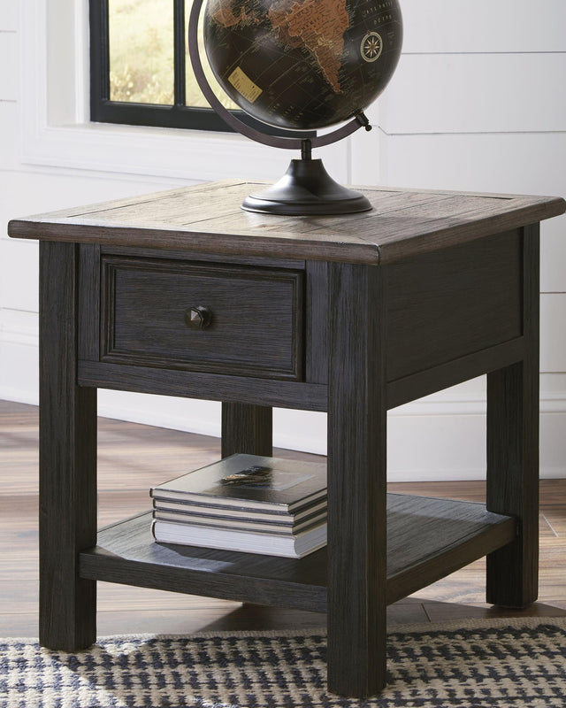 Tyler Creek grayish brown top and black frame rectangular end table front view