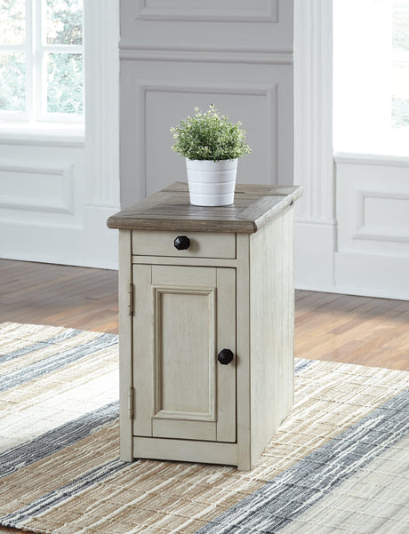 Bolanburg Two-tone Chairside End Table with USB charging ports and outlets, front view