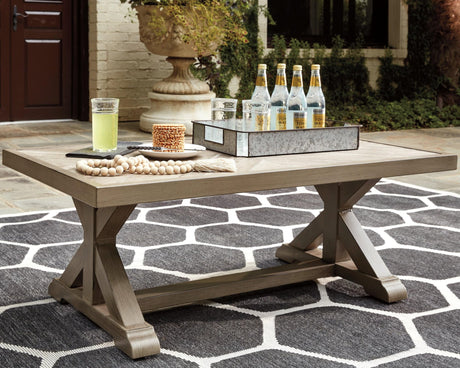 Beachcroft Beige Outdoor Coffee Table, front angle view