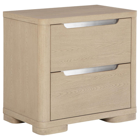 Ladera 2-drawer nightstand in light elm finish showing front view