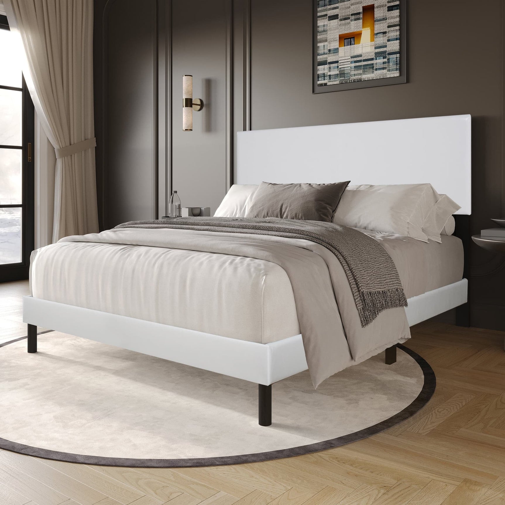 Helen White PU Upholstered Queen Platform Bed front view