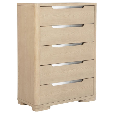 Ladera 5-drawer chest of drawers in light elm finish, front angle