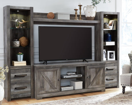 Wynnlow Gray 4-Piece Entertainment Center front view with TV stand and piers