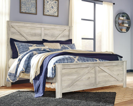 Bellaby Whitewash King Crossbuck Panel Bed front angle view