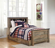 Trinell Brown Twin Bookcase Bed with storage drawer and bookcase headboard - front angle