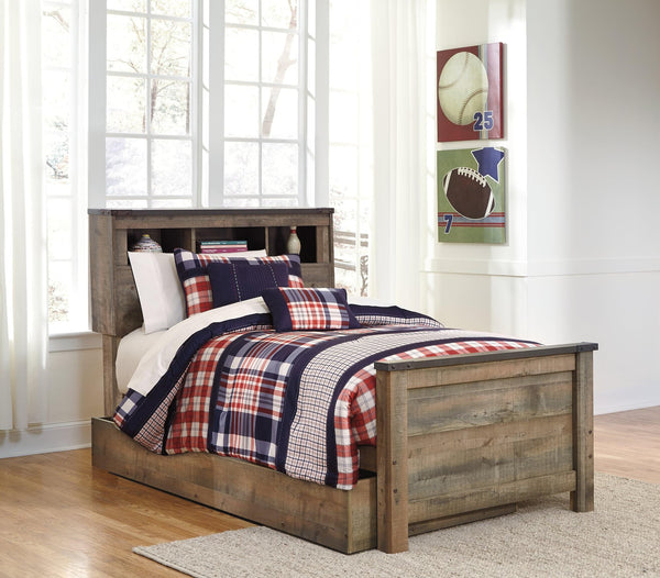 Trinell Brown Twin Bookcase Bed with storage drawer and bookcase headboard - front angle