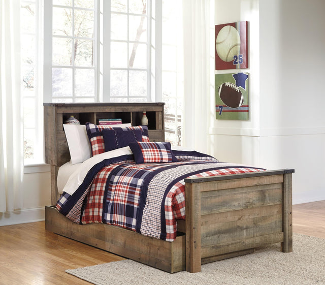 Trinell Brown Twin Bookcase Bed with storage drawer and bookcase headboard - front angle
