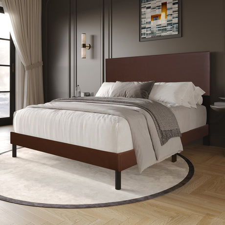 Helen Brown PU Platform King Bed front view brown leather