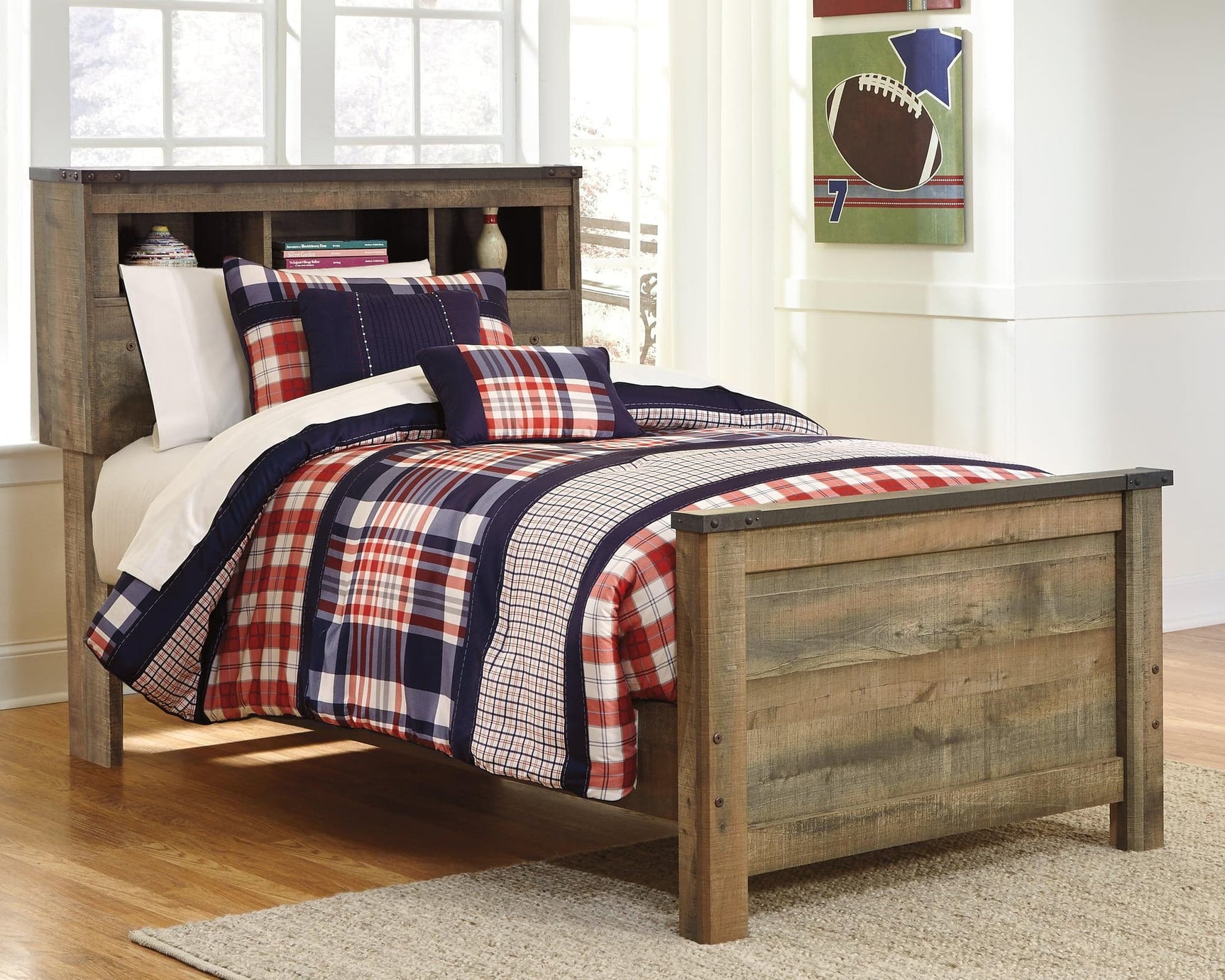 Trinell Brown Twin Bookcase Bed with bookcase headboard and storage drawers