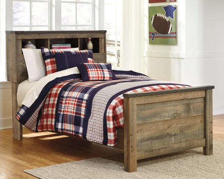 Trinell Brown Twin Bookcase Bed with bookcase headboard and storage drawers
