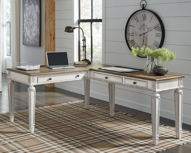 Realyn two-piece white and brown home office desk front view