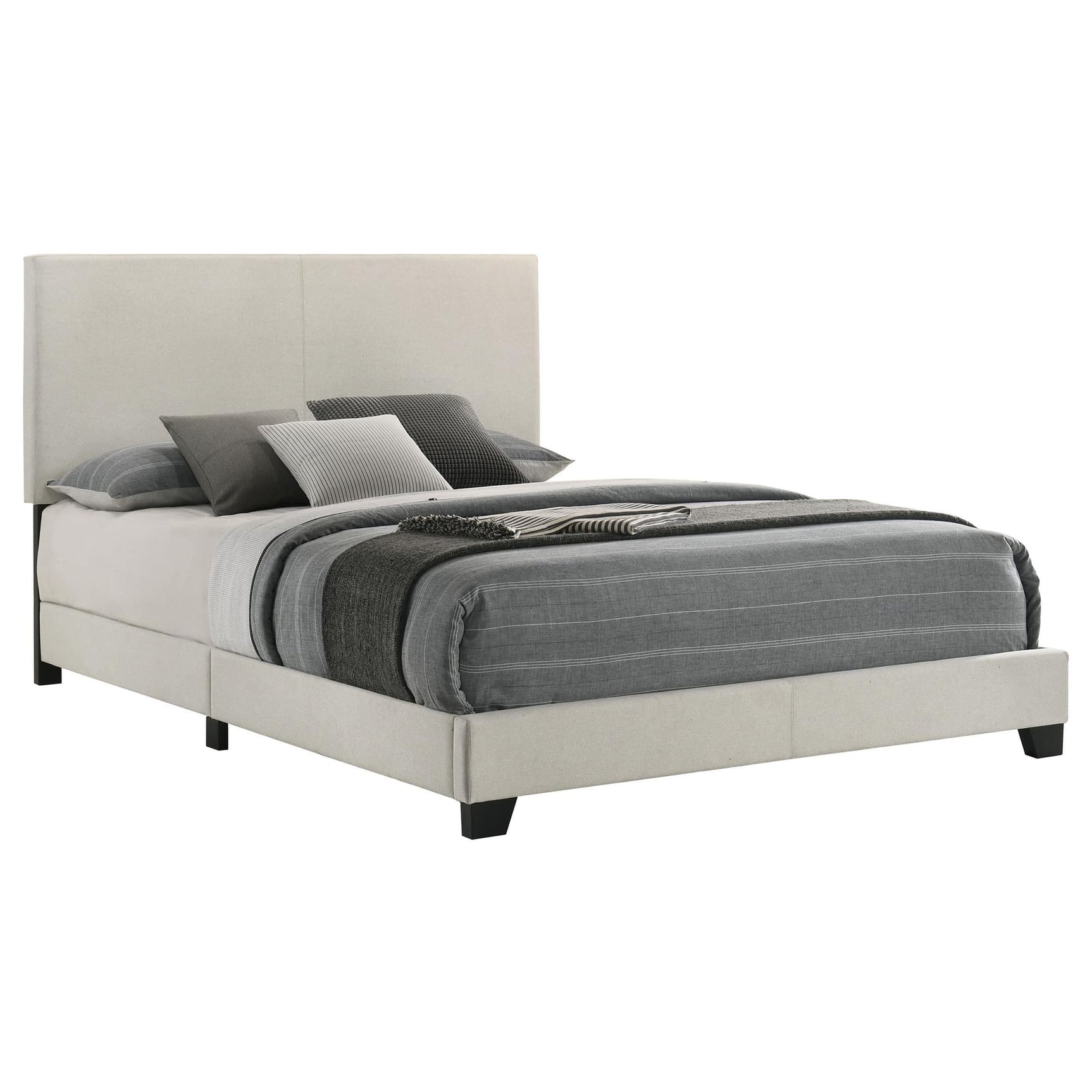 Dorian cream fabric upholstered queen panel bed, front view