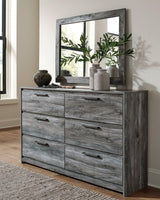 Baystorm Gray 6-drawer dresser and mirror angled front view
